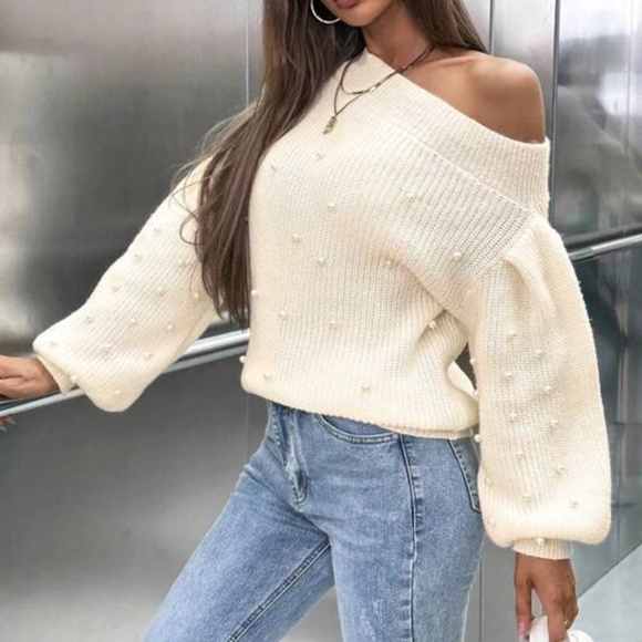 Cozy One Shoulder Faux Pearl Puff Sleeve Sweater top - Picture 3 of 4
